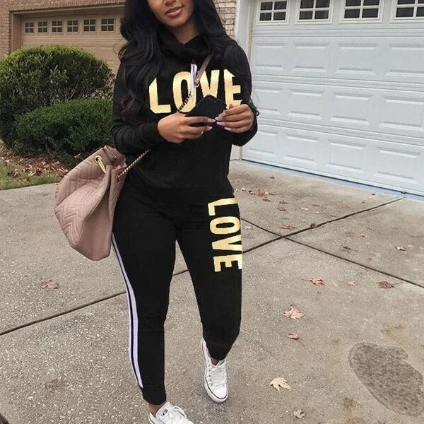 Women Tracksuit Two Piece Set Streetwear LOVE Letter Print Sportswear Sets Outfits Long Sleeve High Neck Woman Sweatshirt Set