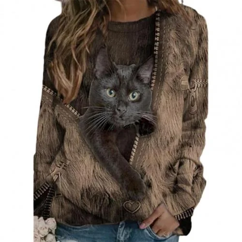 Fashion Women Shirts O Neck Long Sleeve Zipper Cats Print Loose Blouse Shirts Top  Blouses