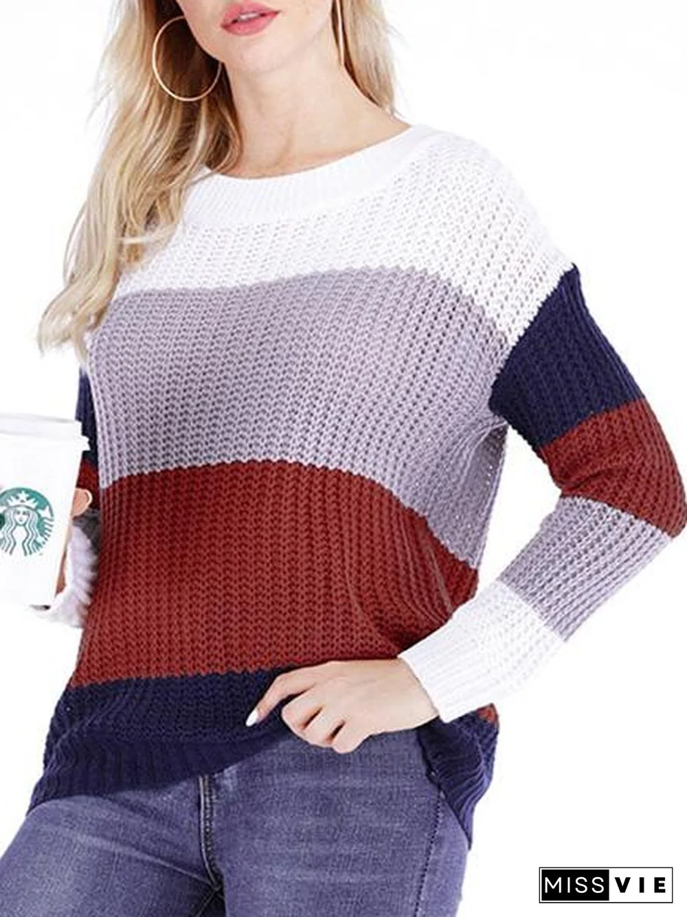Women's Scoop Neck Long Sleeve Striped Stitching Sweater Top