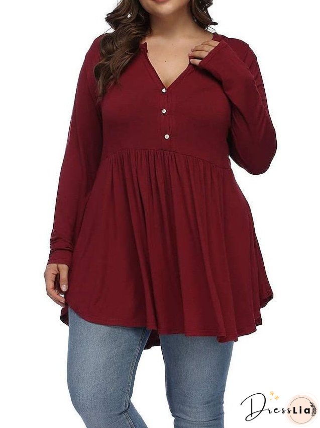T shirt Tee Light Blue claret Deep Purple Plain Button Flowing tunic Long Sleeve Daily Weekend Basic V Neck Long Plus Size L for Women