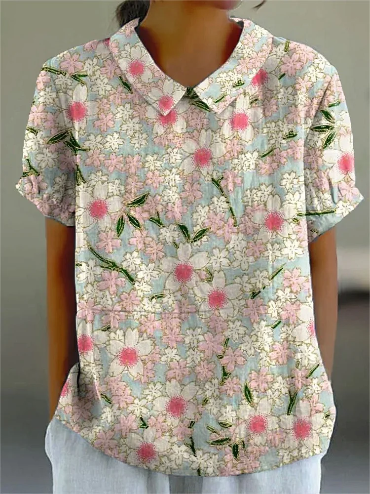 Women's Vintage Flower Print Casual Cotton And Linen Shirt