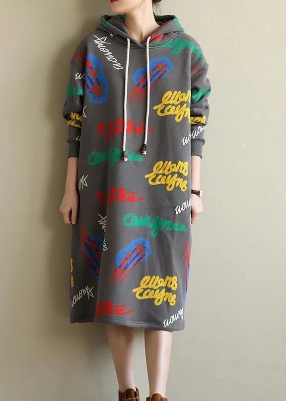 Women gray prints cotton Tunic warm Robe hooded Dress