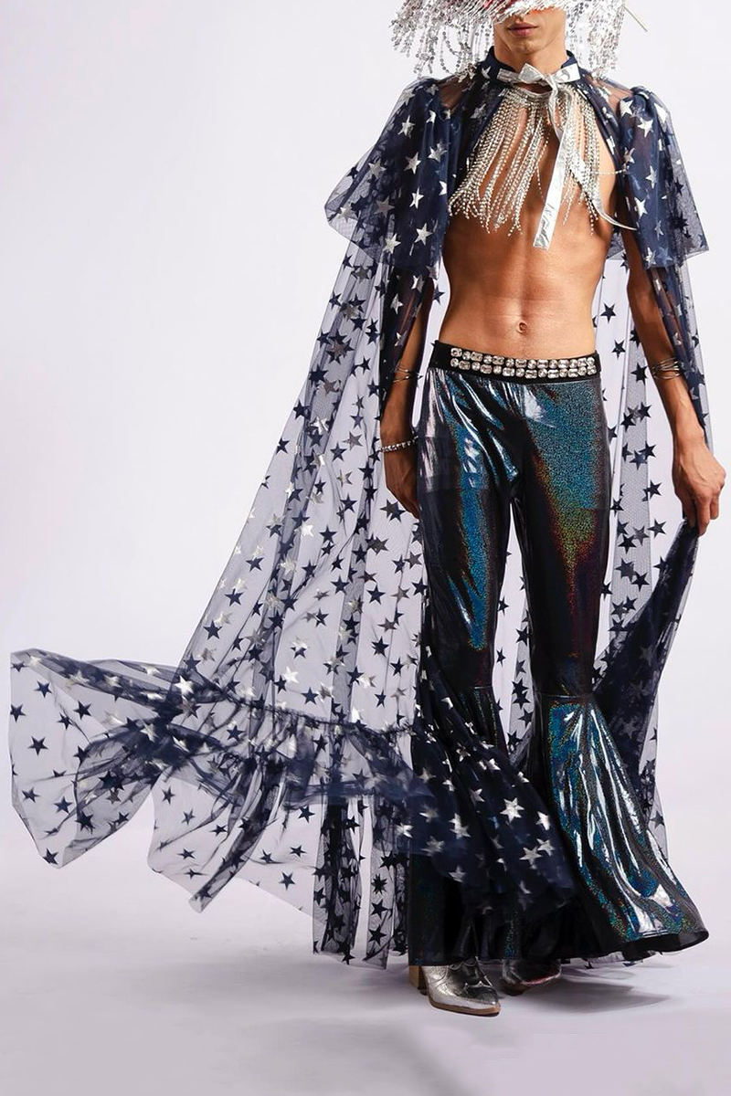 Star Print See Through Mesh Festival Silver Ruffle Hem Cloak