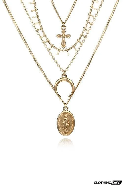 Cross Moon Layers Necklace