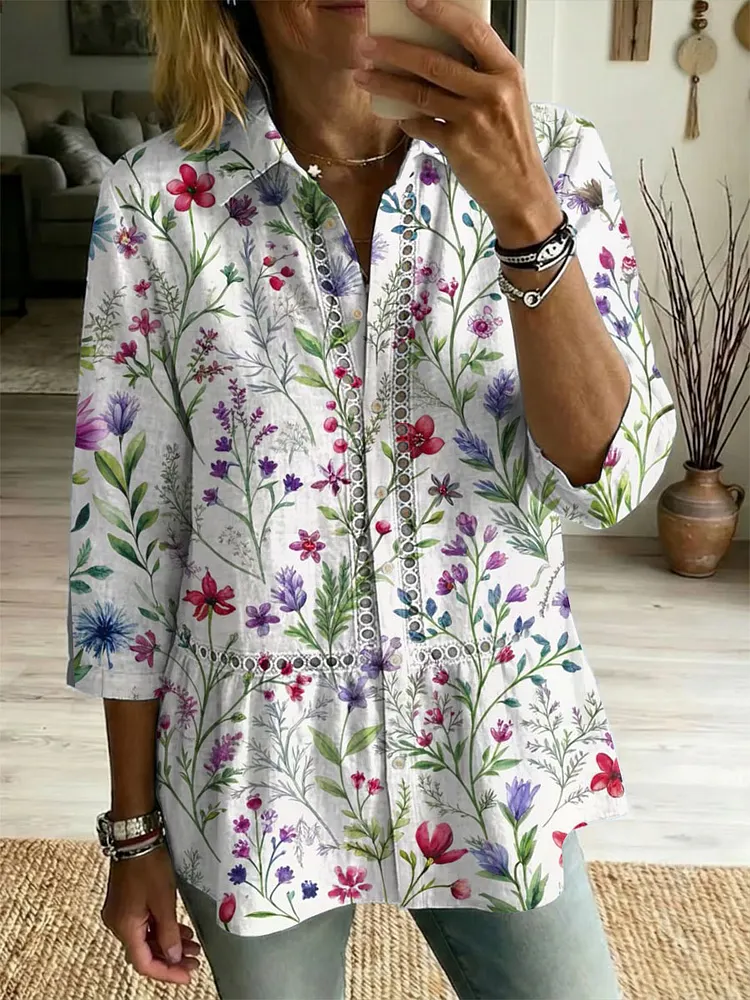 Women's Retro Floral Print Casual Cutout Embroidered Shirt