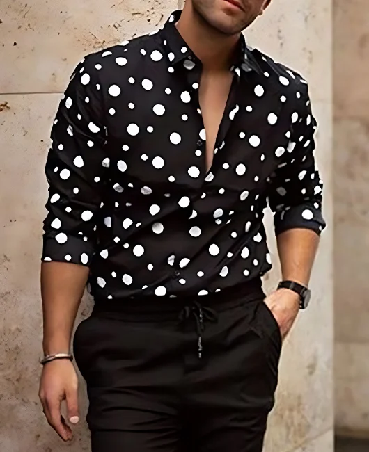 Casual Polka Dot Print Long Sleeve Lapel Collar Button Shirt 深圳市龙岗区美依嘉服饰厂