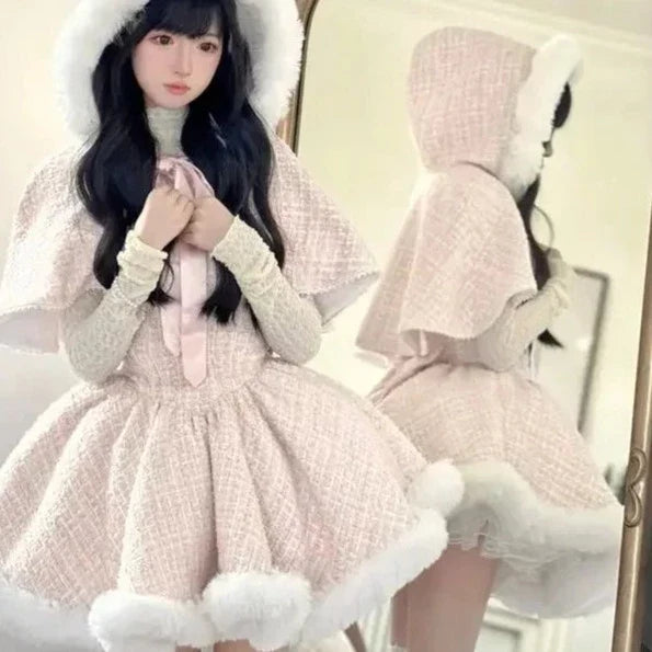 Aiertu - Sparkling Noel in the Icy Kingdom Complete Warm Dress, Hooded Cardigan Sweater Shawl, and Top with Optional Petticoat Skirt Set Kawaii Academia Y2K Cottagecore Coquette Fairycore Dollette Princesscore Bottoms Aiertu