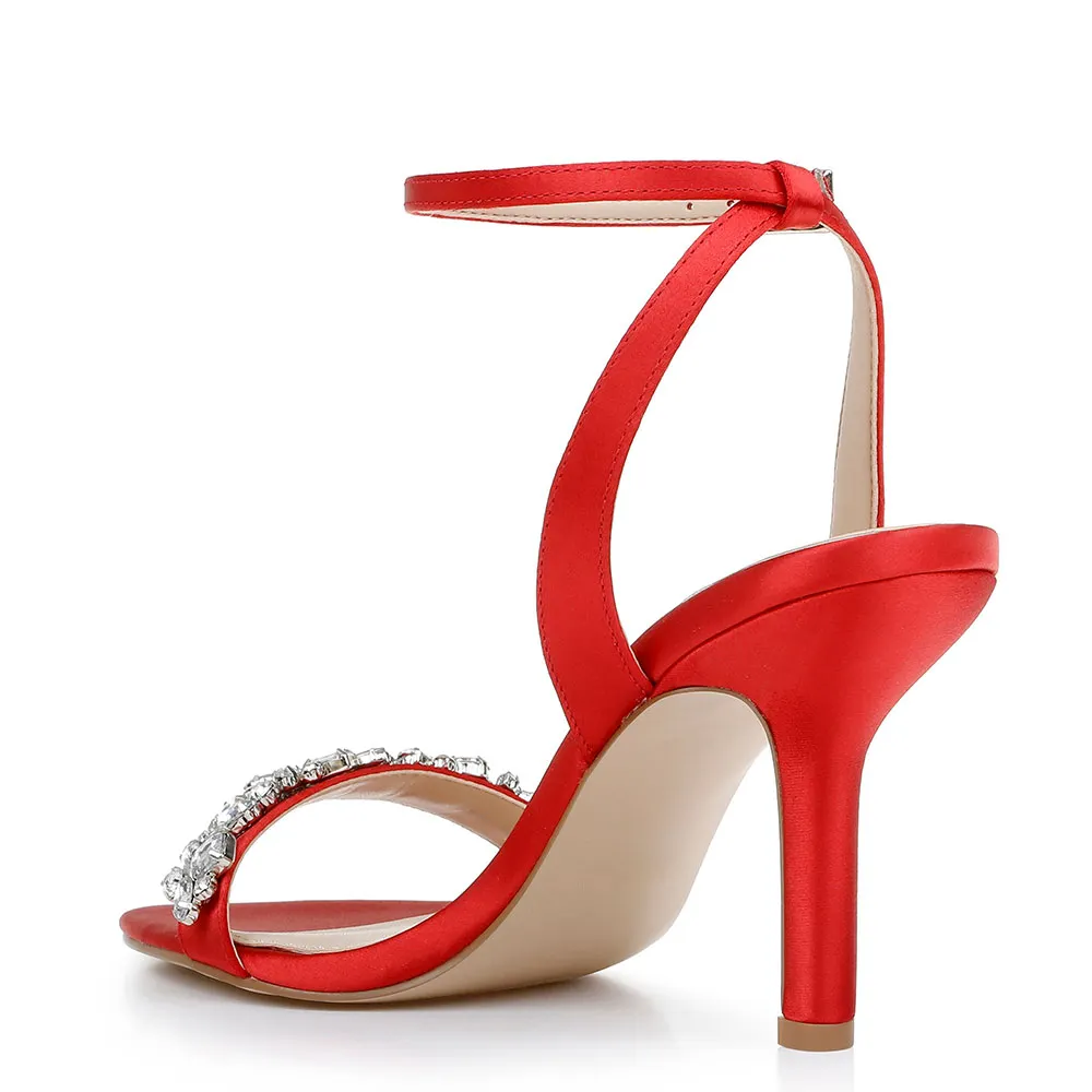 Satin Open Toe Rhinestone Red Ankle Strap Stiletto High Heel Sandals