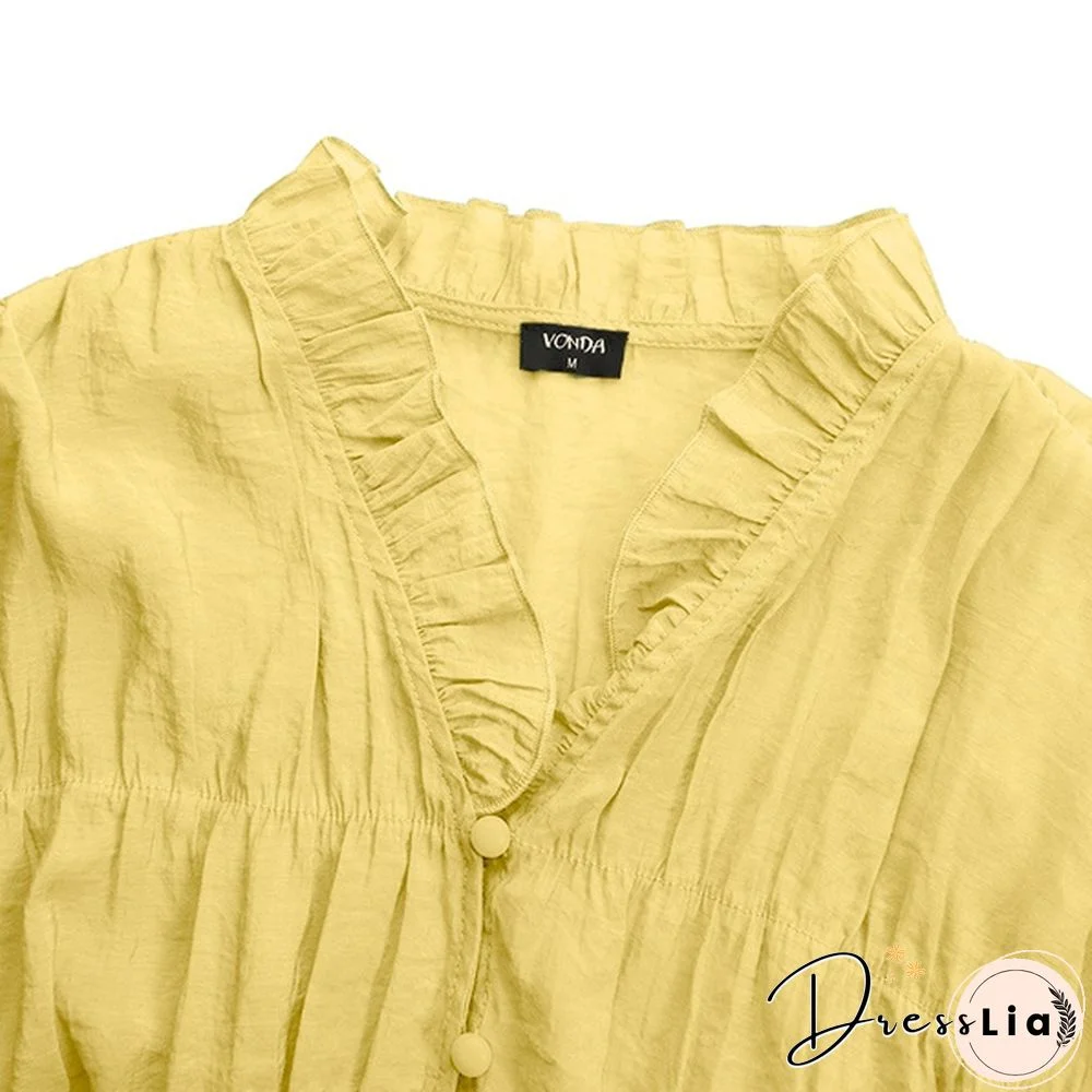 Women Elegant V Neck Flare Sleeve Button Up Shirts Blouse S-5XL Solid Color Pleated Ruffled Hem Lace Tops