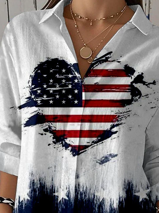 Women 3/4 Sleeve Shirt Collar National Flag Striped Printed Graphic Button Tops