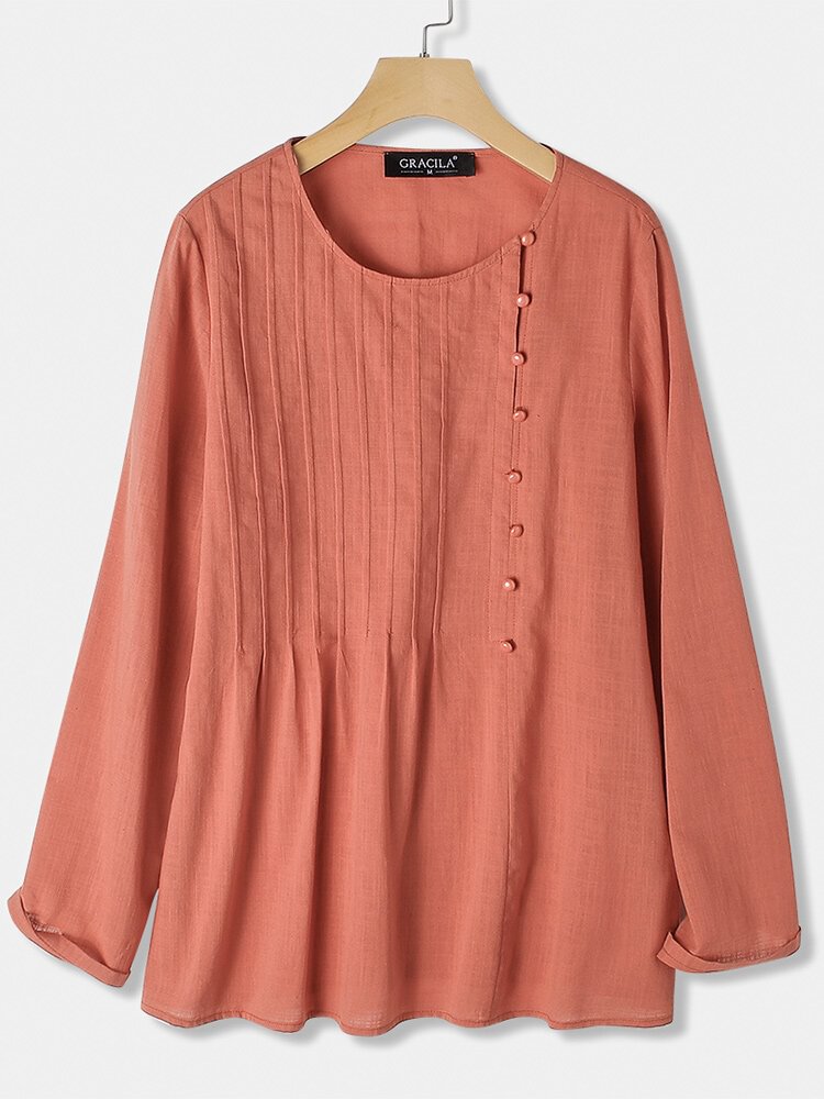 Side Button Pleated Solid Color Long Sleeve Blouse For Women P1638074