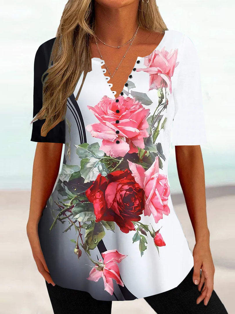 Women Half Sleeve V-neck Floral Printed Tops