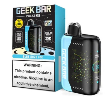 Geek Bar Pulse X 25K disposable vape in Blue Razz Ice flavor, showing device with constellation pattern and box packaging.