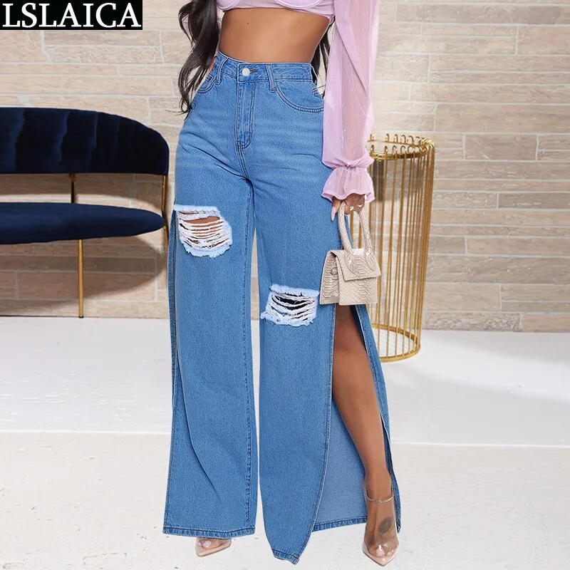 Dropshipping Women's Pants Hem Split Hook Flower Hollow Loose Wide Leg Pants for Women Summer Streetwear Casual Women's Jeans