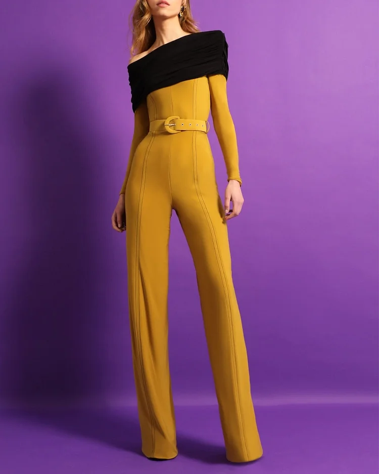 Long Sleeves Two-Tone Silk Knit Jumpsuit