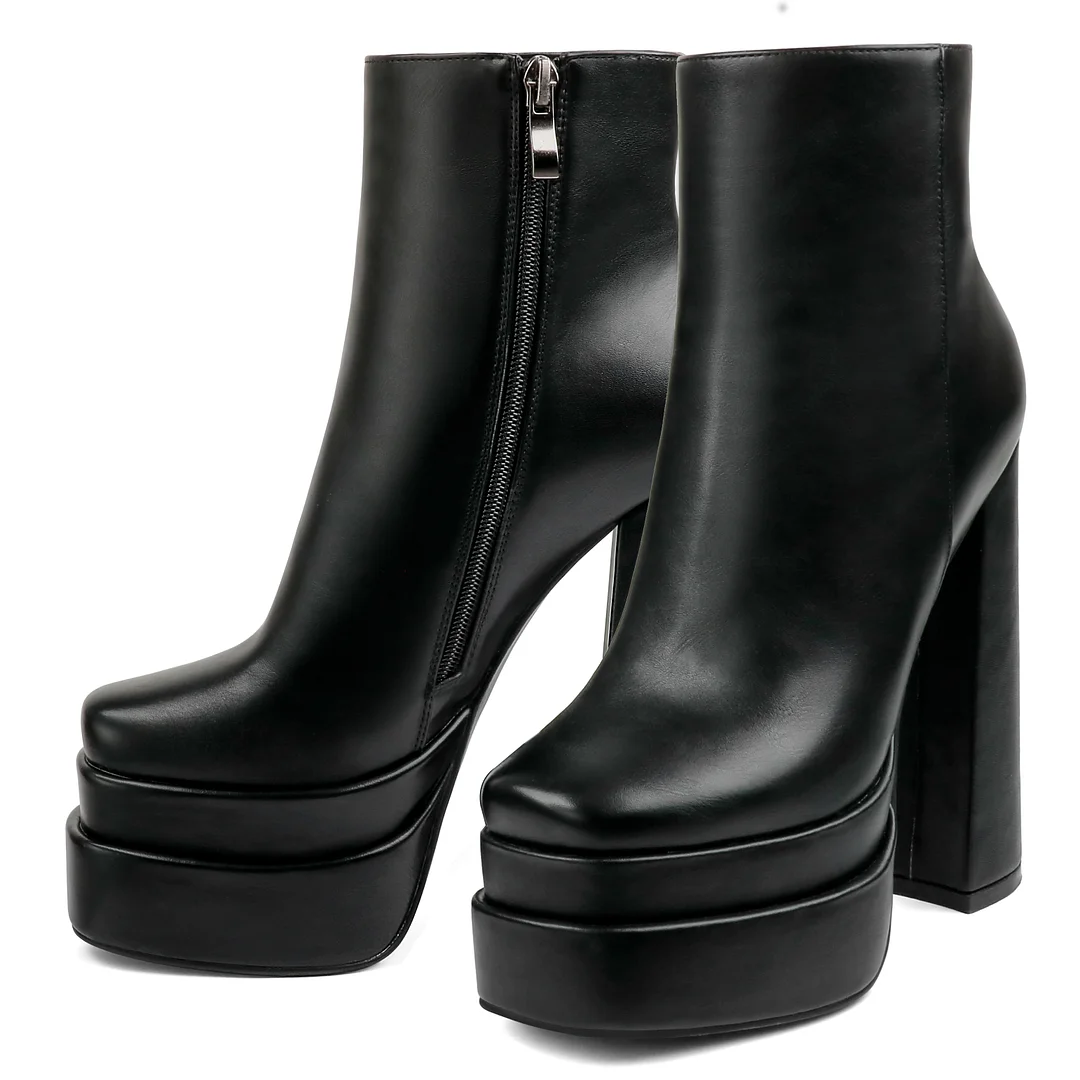 15cm/5.9 inch Square Toe Chunky Heels Double Platform Matte Boots
