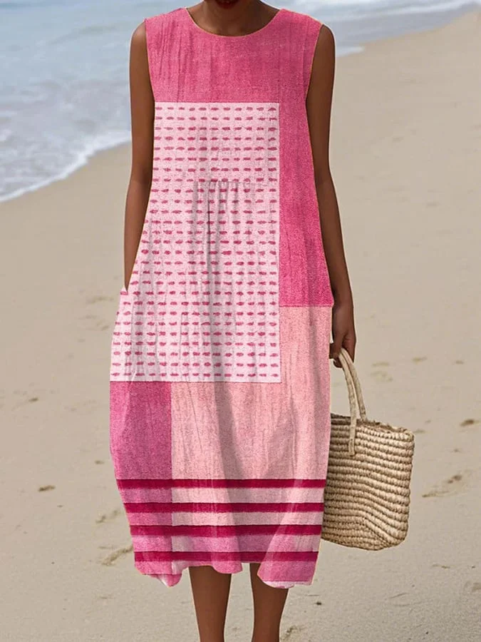 Women's casual cotton-linen printed dress 