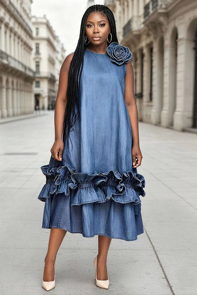 Xpluswear Design Plus Size Vacation Light Blue Round Neck 3D Ruffle Tencel Denim Midi Dresses [Pre-Order] 2024 - Xpluswear