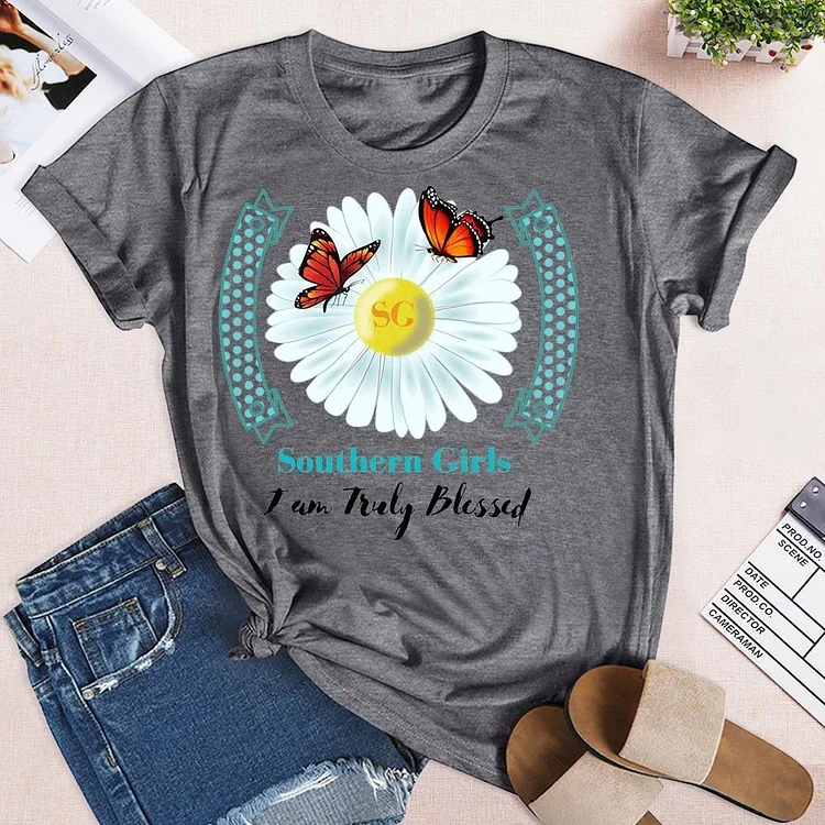 Southern Girls I am Truly Blessed with Daisy and Butterflies T-Shirt Tee --Annaletters