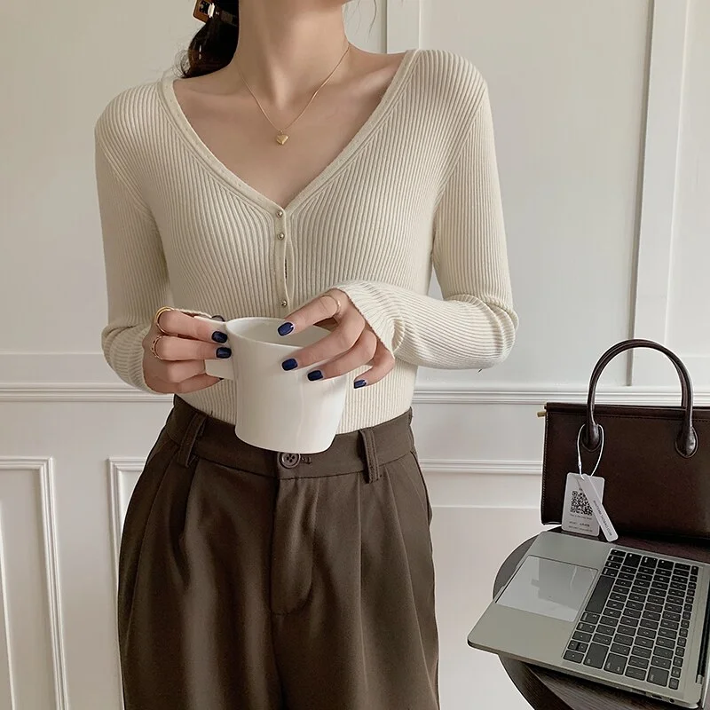 Fall 2023 Women Clothing Long Sleeve Knitted Sweater Women Silm V-Neck Cardigan Women Sweater Women Tops Woman Sweaters F372