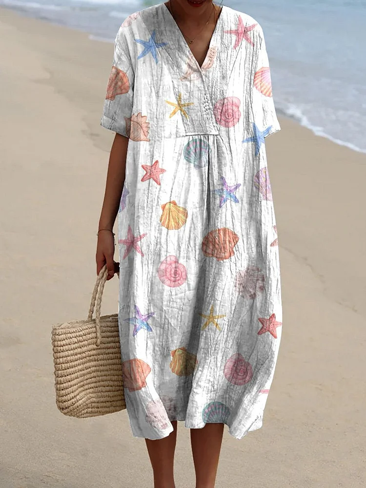 Summer Vibe Sea Shell Repeat Pattern Printed Women's Flowy Dress