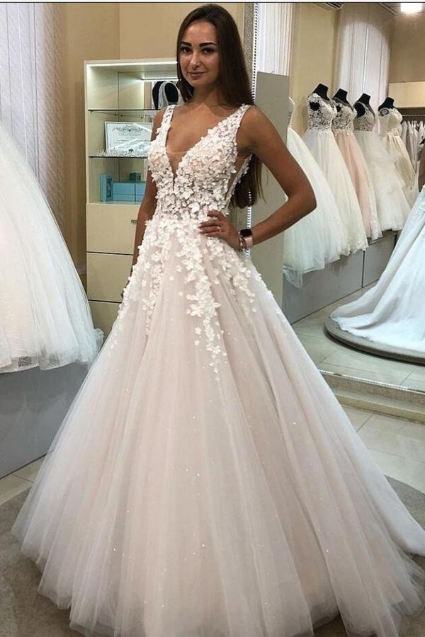 Bellasprom Modest Long Wedding Dress With V-Neck Tulle Appliques