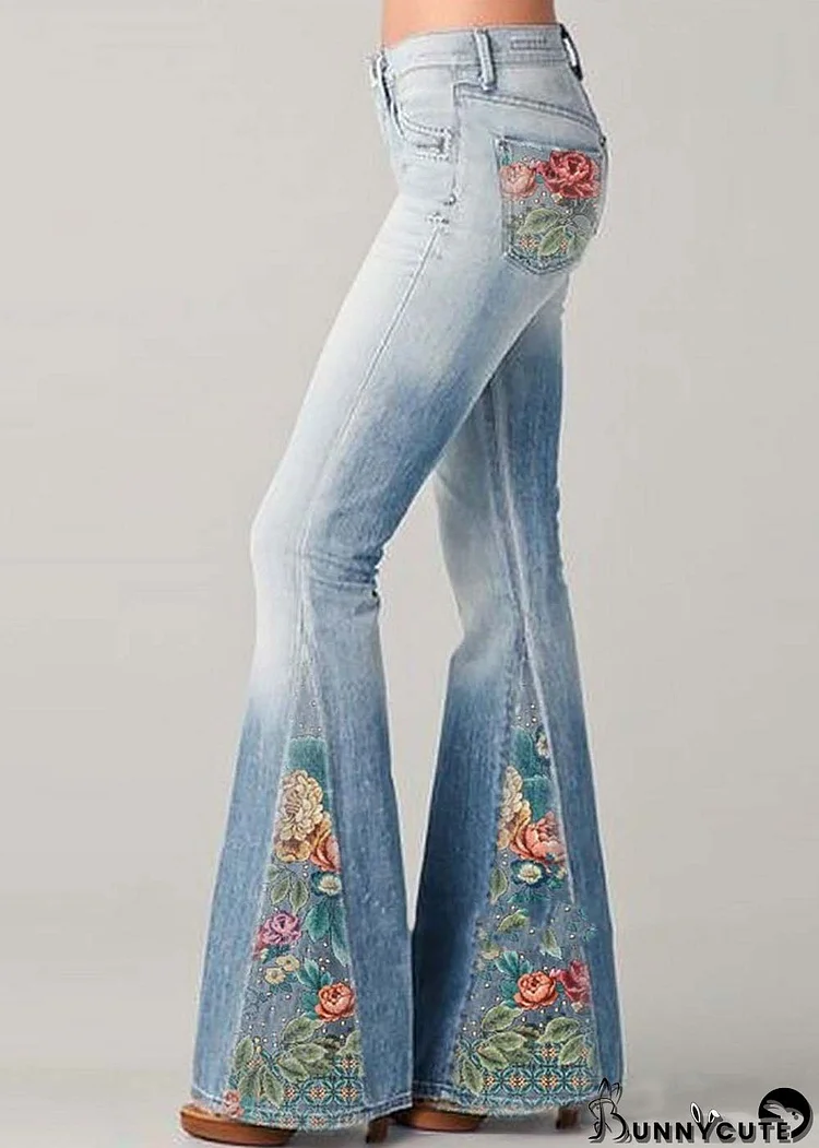 Bohemian Blue High Waist Patchwork Print Denim Flare Bottoms Summer