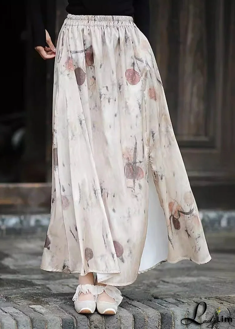 2024 New Print Pockets Elastic Waist Silk Skirts Summer