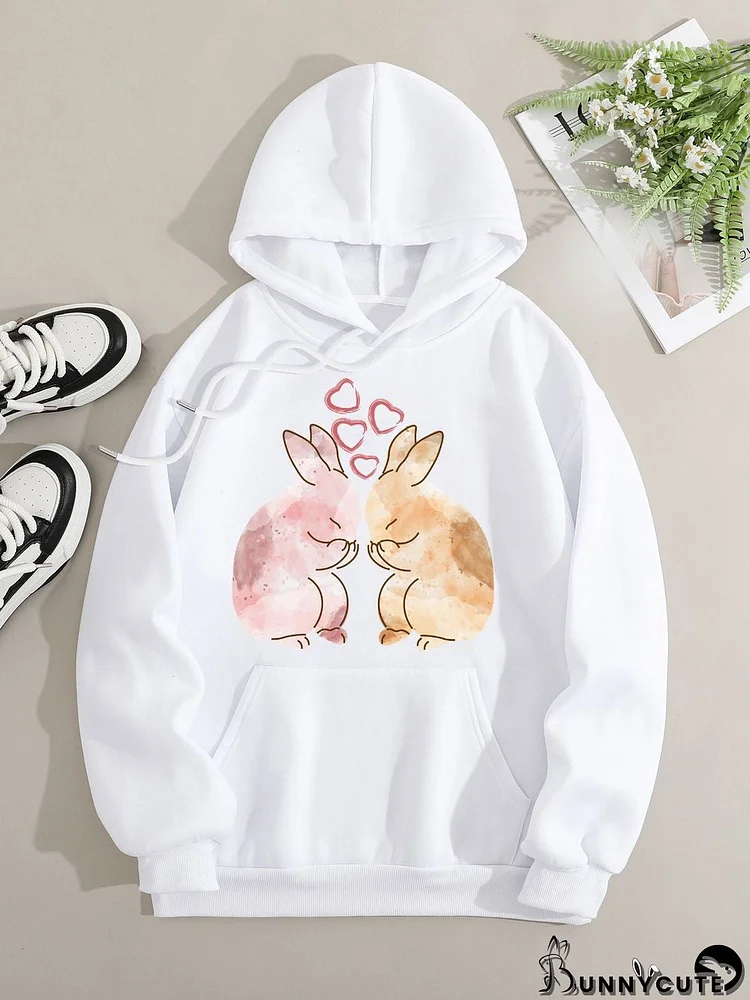 Printed on front Kangaroo Pocket Hoodie Long Sleeve for Women Pattern Rabbit in Love (Again)