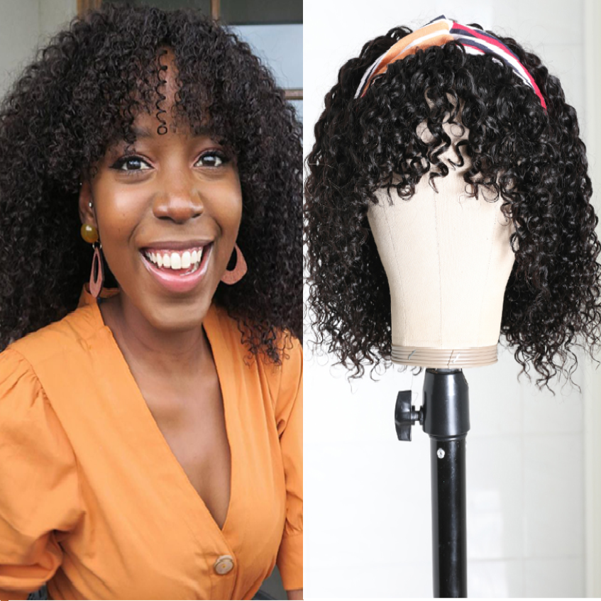 Headband Wig With Bangs Brazilian Afro Kinky Curly Glueless Human Hair Wigs 180%&220% Density Natural Color Bling Hair