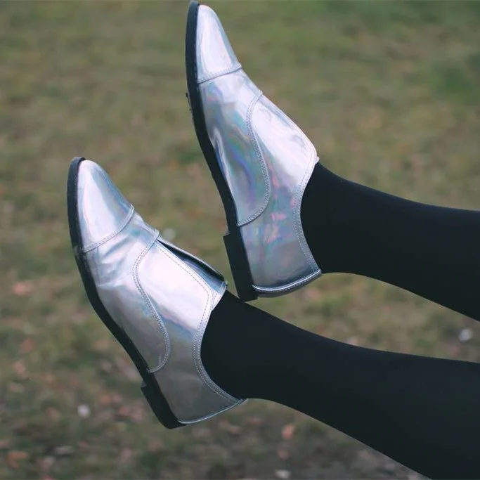Silver Holographic Shoes Flat Loafers for Women |FSJ Shoes