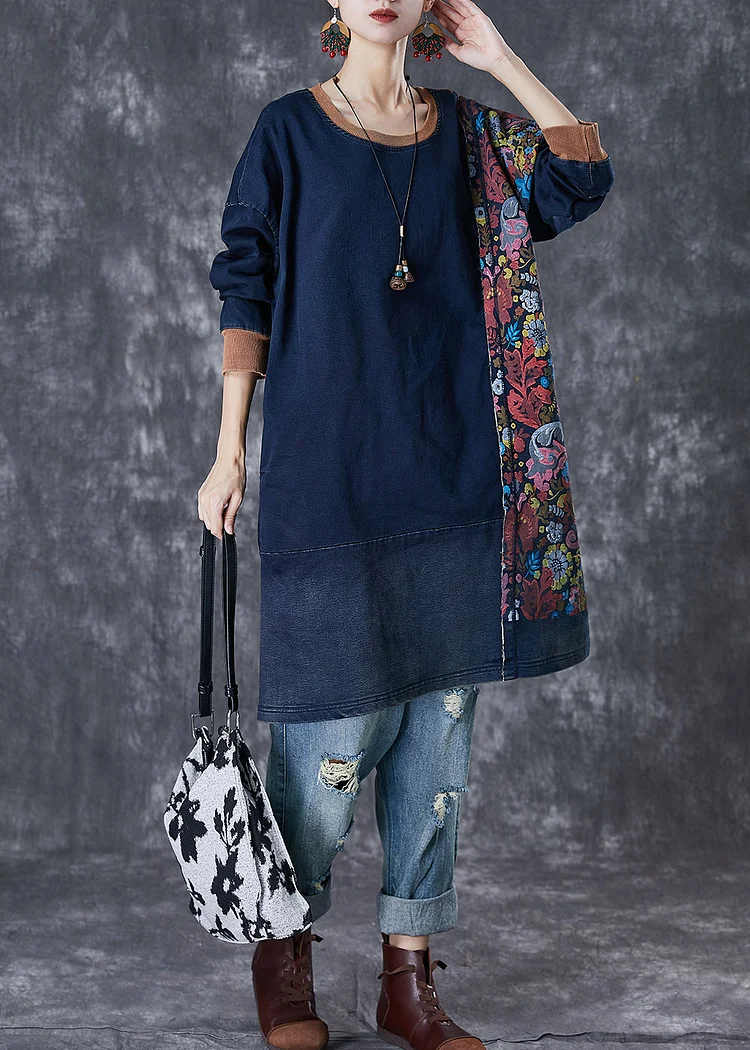 Style Navy Asymmetrical Patchwork Cotton Pullover Streetwear Dress Fall