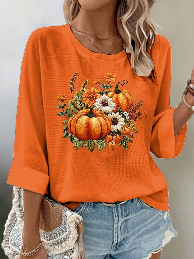 Women's Casual Autumn Pumpkin Waffle Long Sleeve T-shirt 