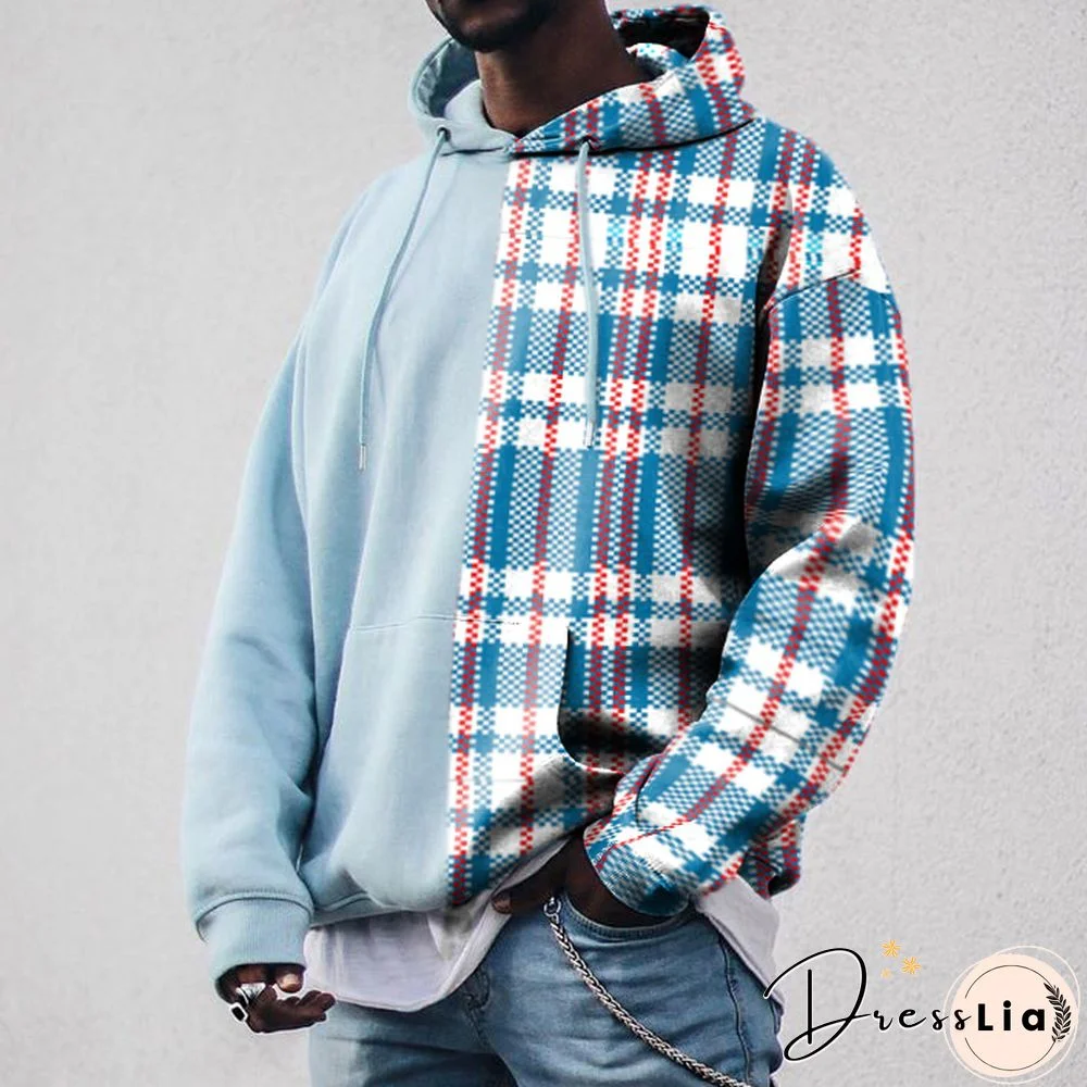 Street Fashion Plaid Texture Color Block Hoodie