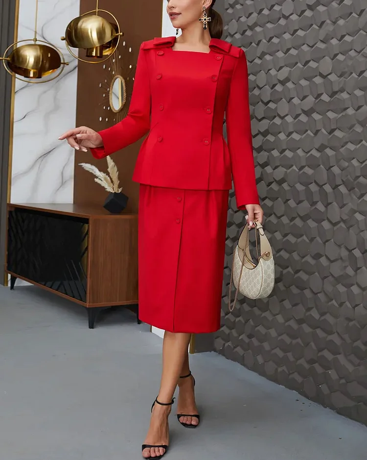 Elegant bow button top and skirt two-piece set