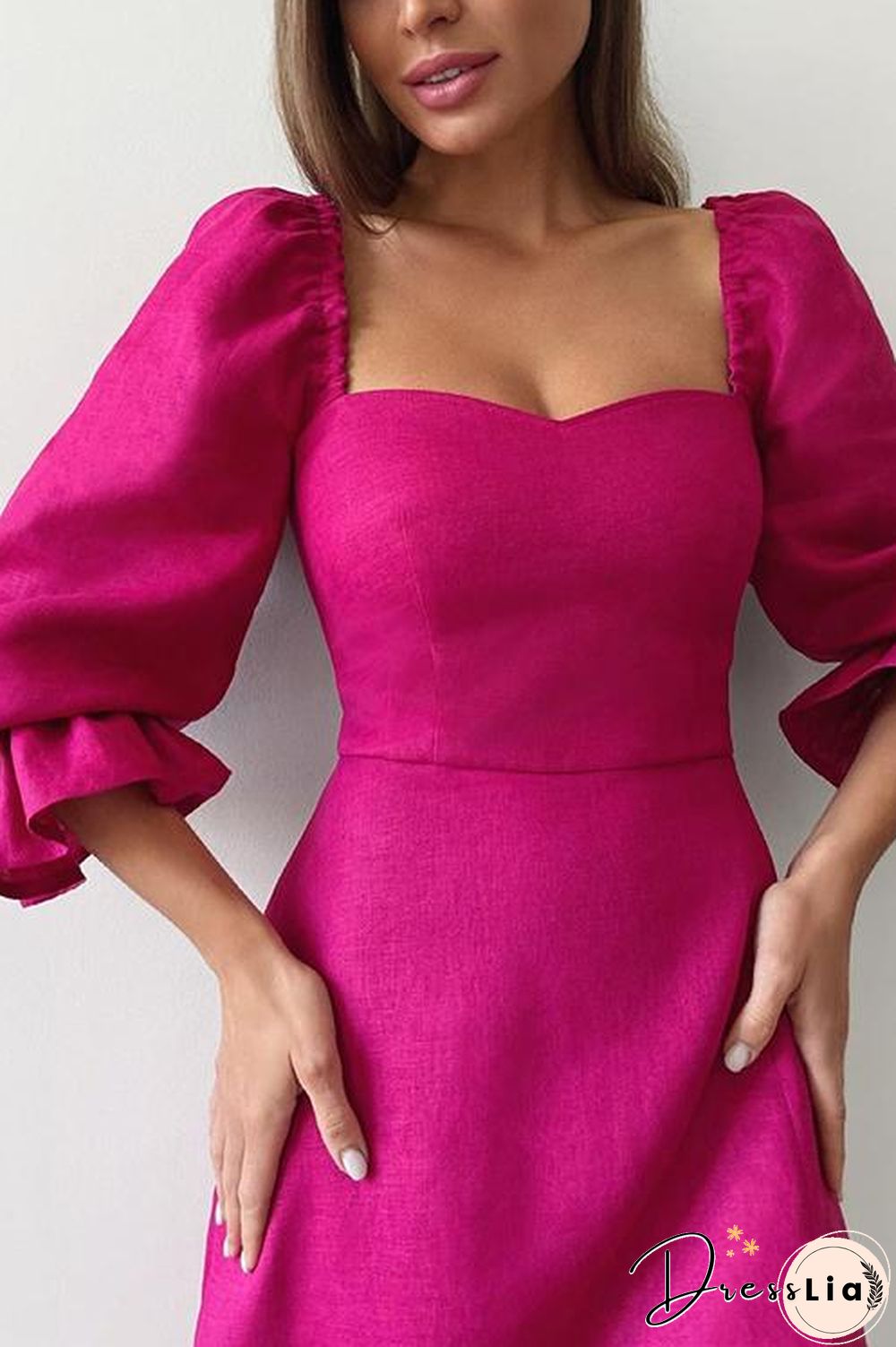 Rose Square Neck Slit Midi Dress