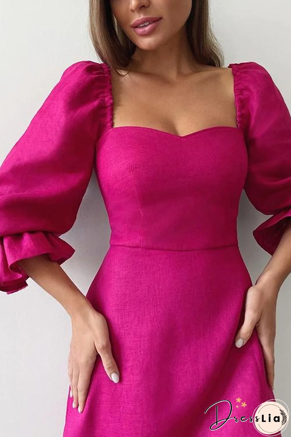 Rose Square Neck Slit Midi Dress