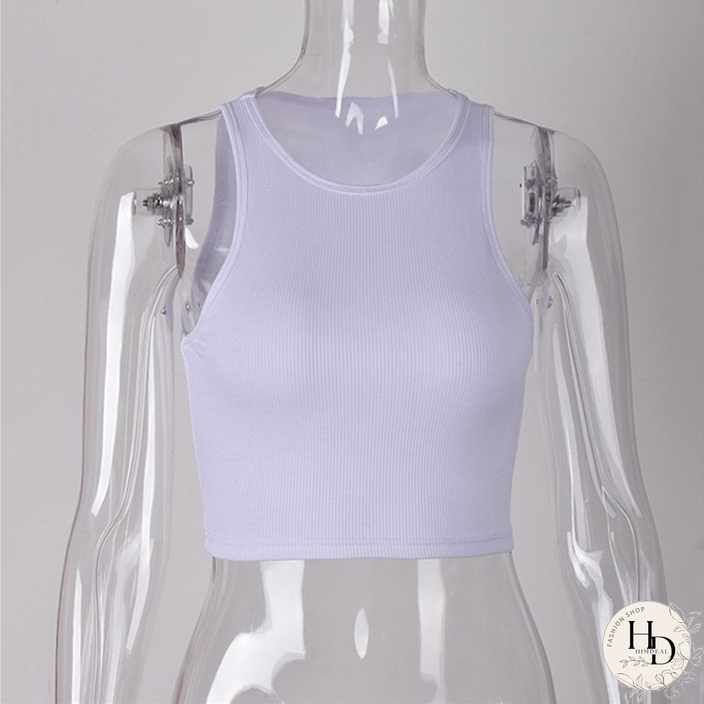 White Knitted Round Neck Women T-Shirt Sexy Sleeveless Camisole Crop Top Woman Tight Stretch Tank Top Ladies Tee Top Streetwear