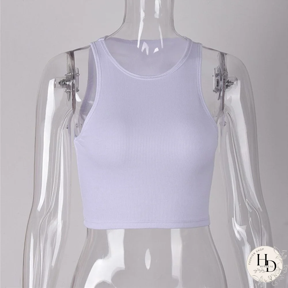 White Knitted Round Neck Women T-Shirt Sexy Sleeveless Camisole Crop Top Woman Tight Stretch Tank Top Ladies Tee Top Streetwear