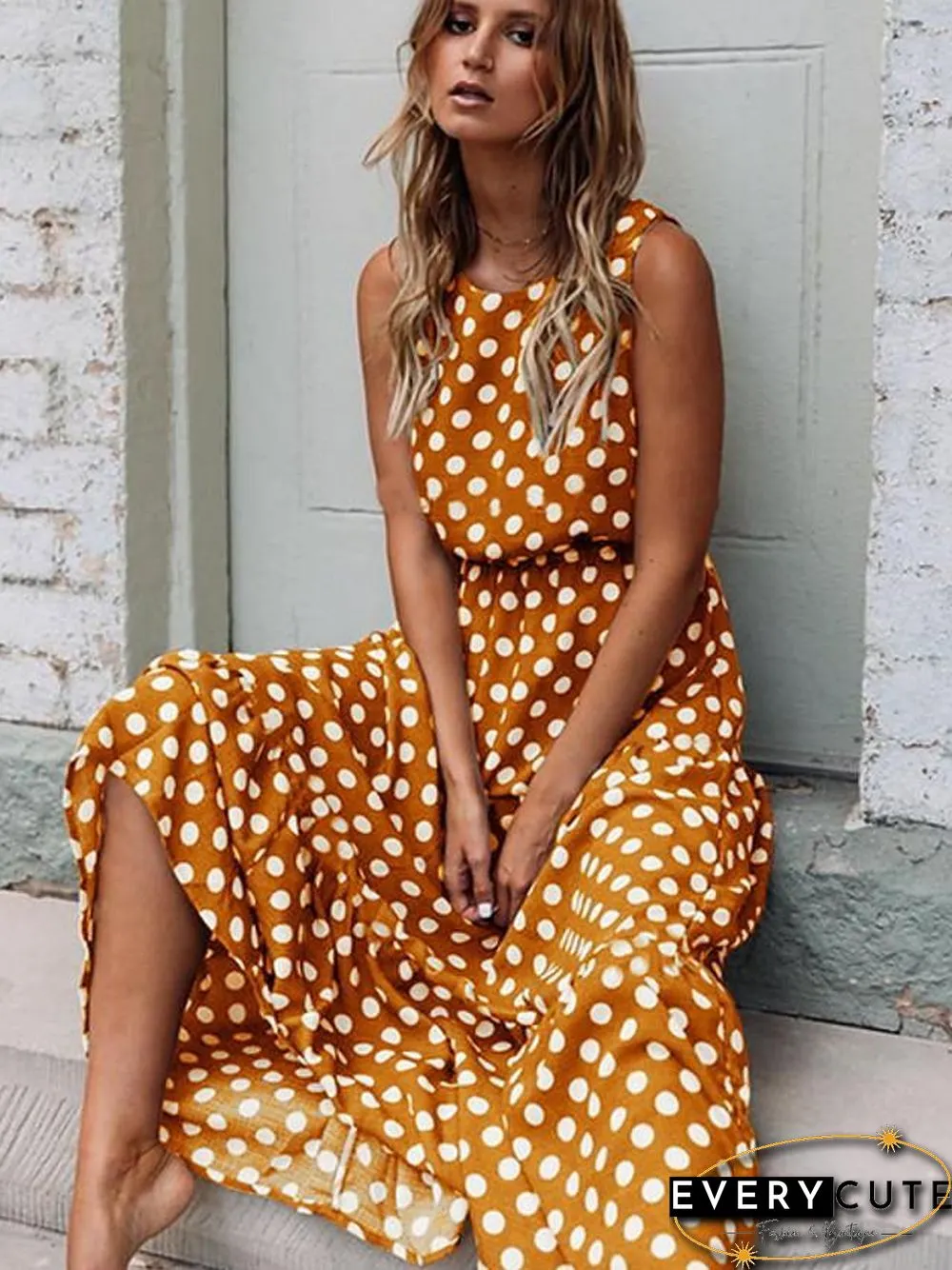 Womens Swing Dress Maxi long Sleeveless Polka Dot Spring Summer Hot Elegant Slim Black