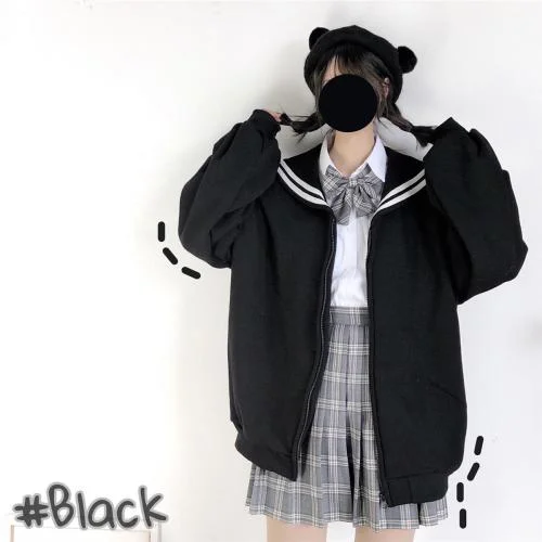 Back to School Kawaii Black Zip Up Hoodie Women Sailor Collar Sweatshirt Japanese Streetwear Soft Girl 2022 Fashion Oversized Sweatshirt