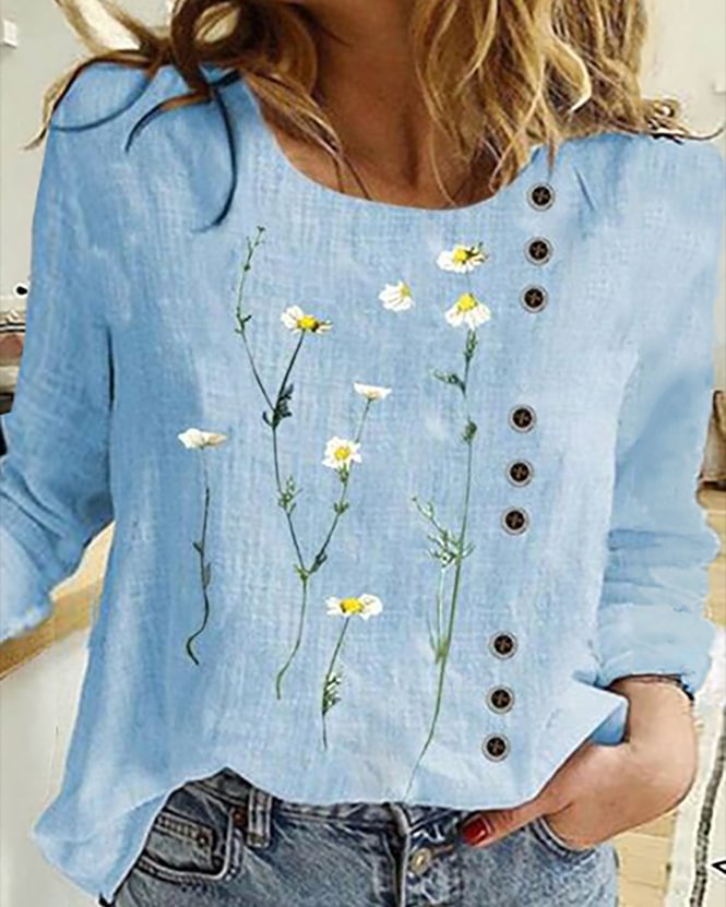 Plus size Casual Floral Long Sleeve Shirts & Tops