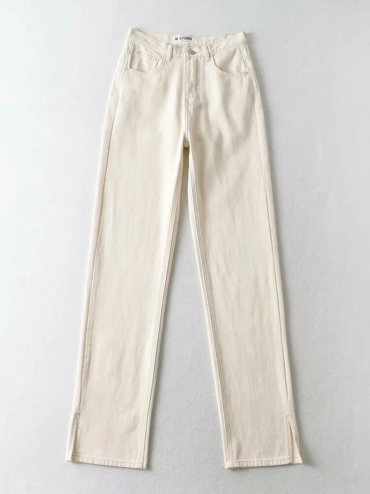 Brownm Waist Straight Leg Jeans Women 2023 Gray Long Denim Pants Female Women's Jean Boyfriend Slim Side Split Jeans For Women