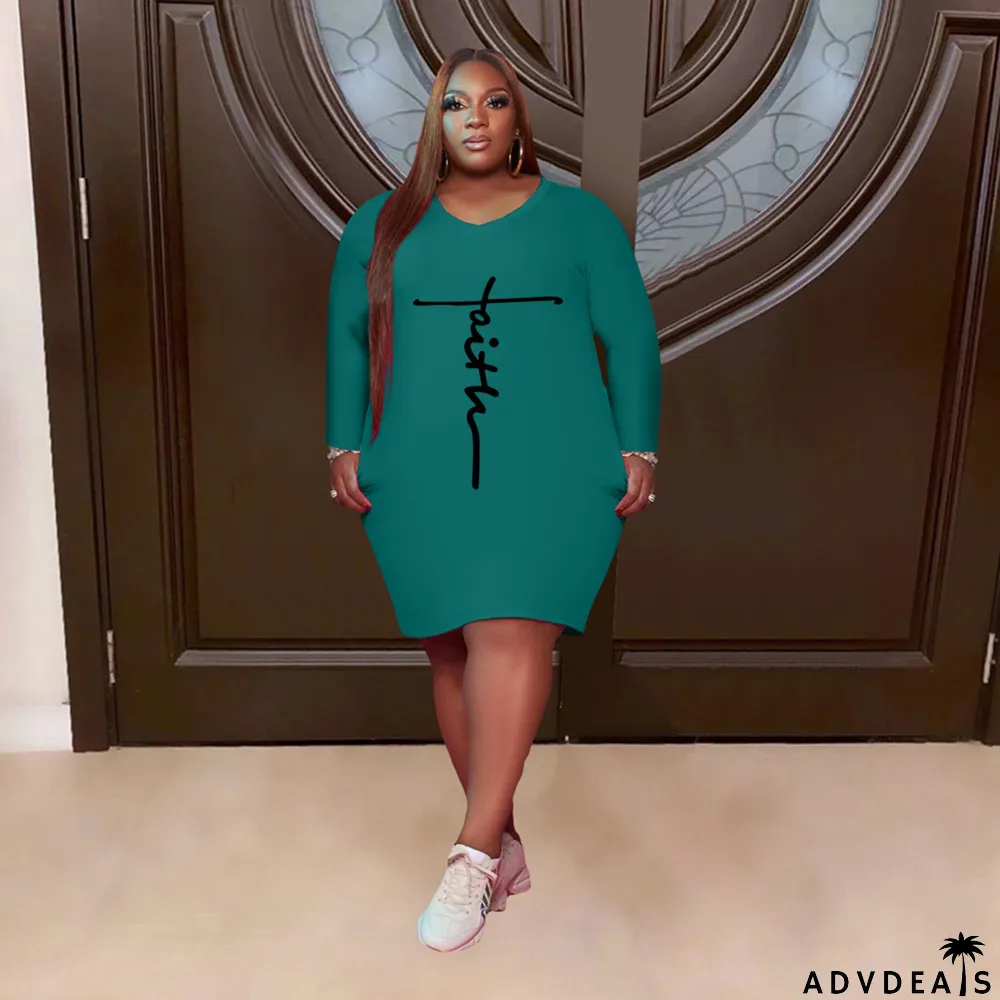 Plus Size Letter Print Long Sleeve Casual Dress