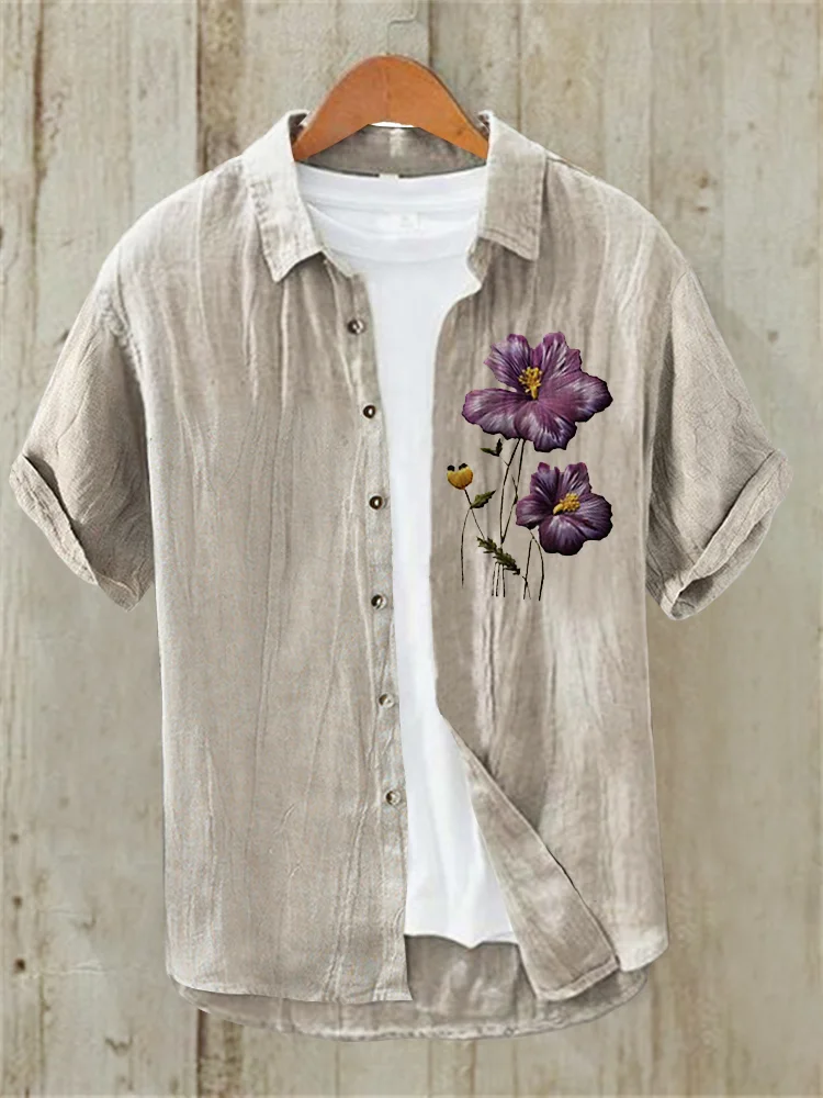 Men's Purple Flower Alzheimer's Awareness Support Print Casual Linen Blend Shirt