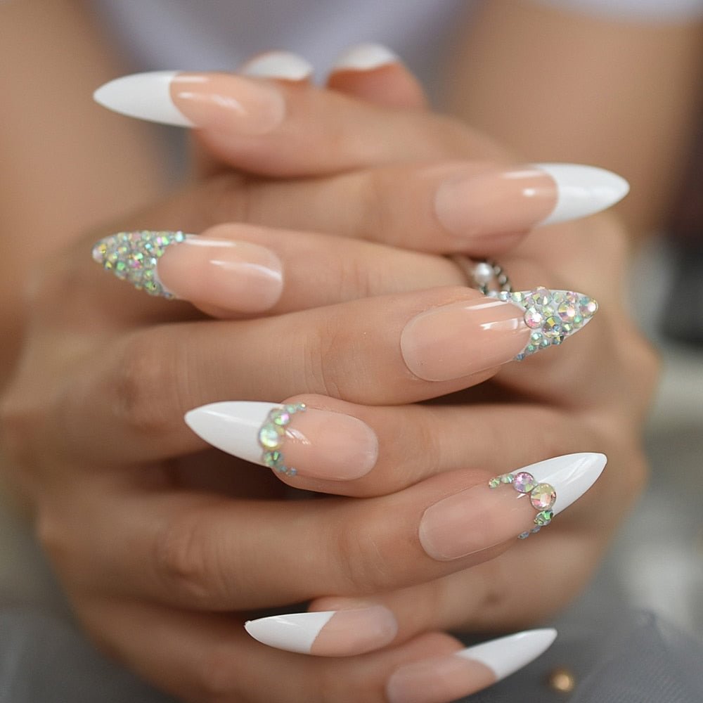 Custom Press On Nails AB Crystal Pre-designed French Tip Stiletto Long White Nude Crafted Faux Ongles Kit 24