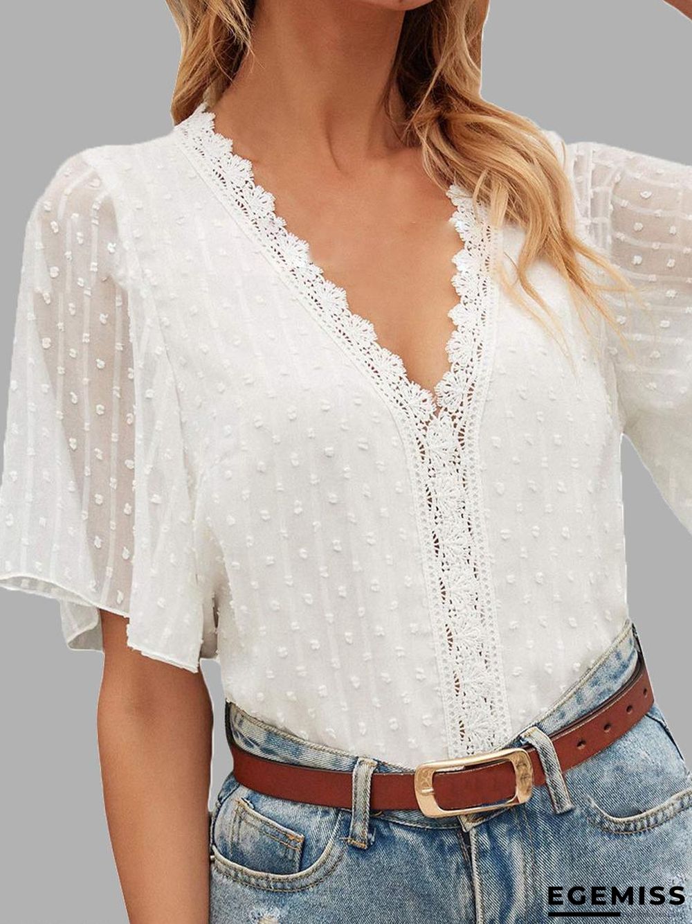 Casual Solid Color Lace V-Neck Short Sleeve Blouse | EGEMISS