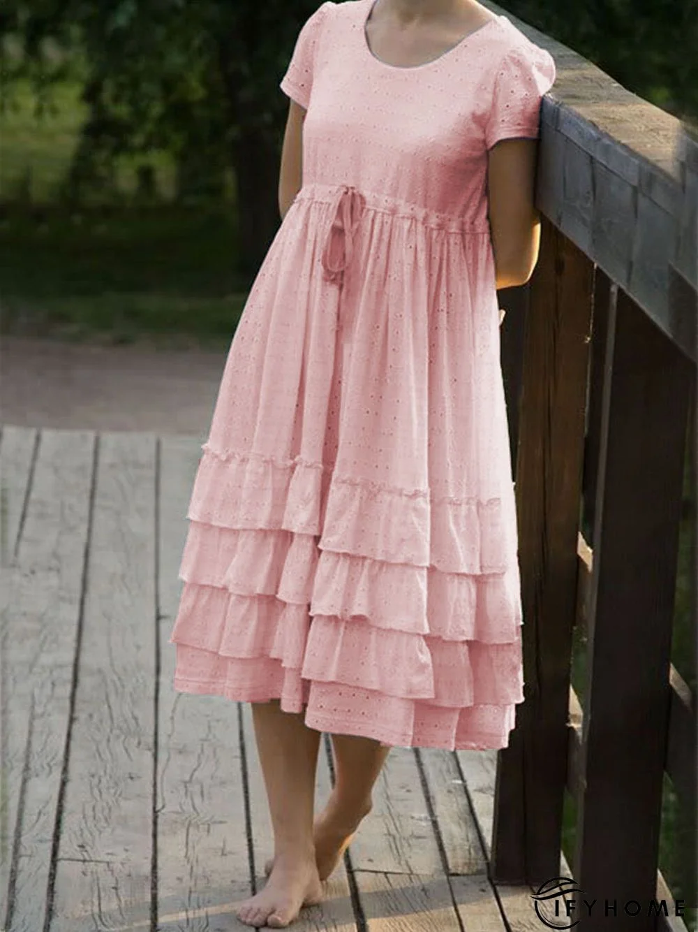 Beige Casual Crew Neck Cotton Weaving Dress | IFYHOME