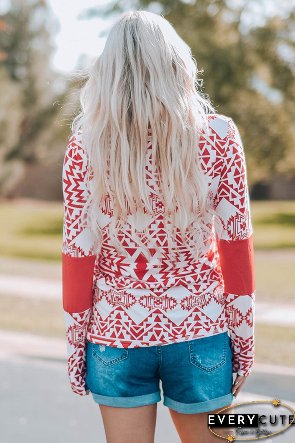 Red Aztec Print Splicing Pocket Long Sleeve Top
