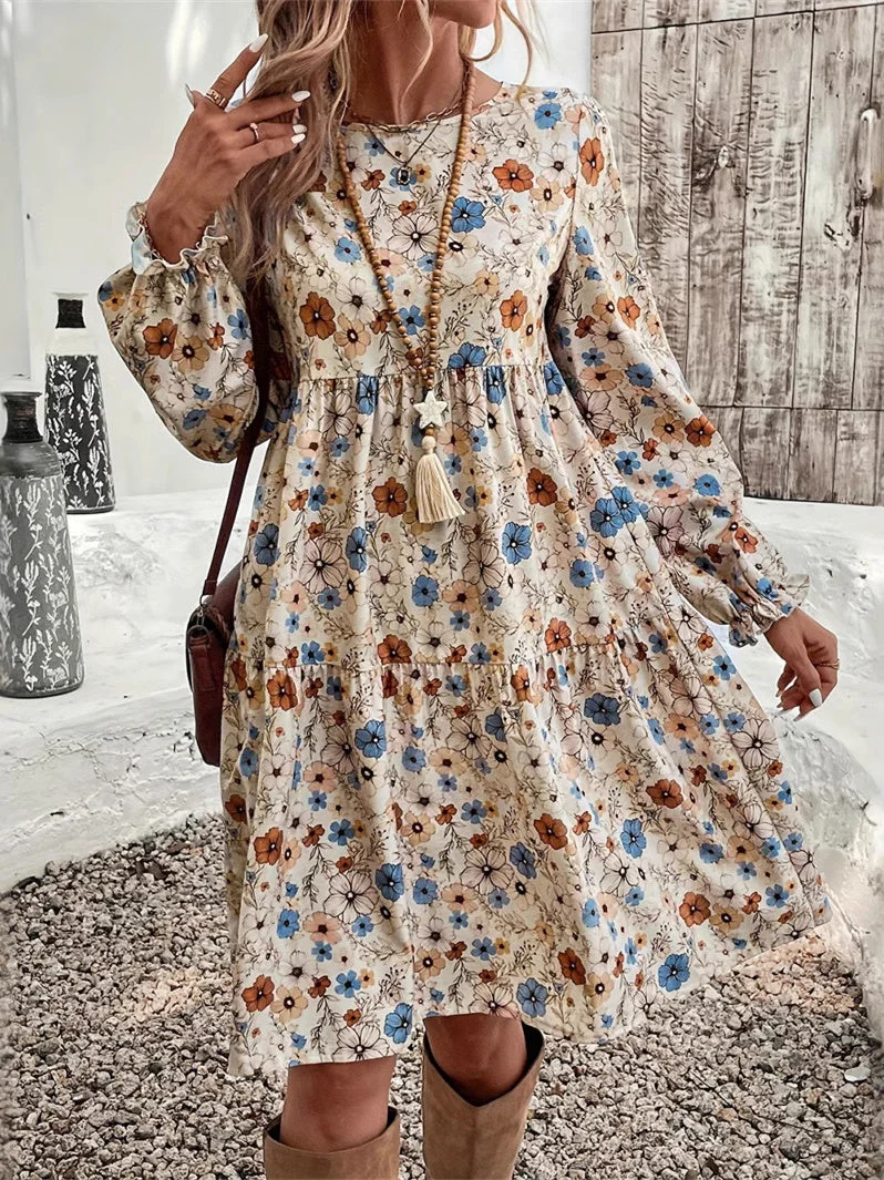 Women's Long Sleeve Scoop Neck Floral Printed Midi Dress